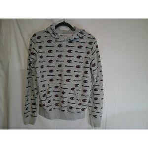Vintage Champion Hoodie All Over C Logo Print Grey Pullover Hooded Sweatshirt XL